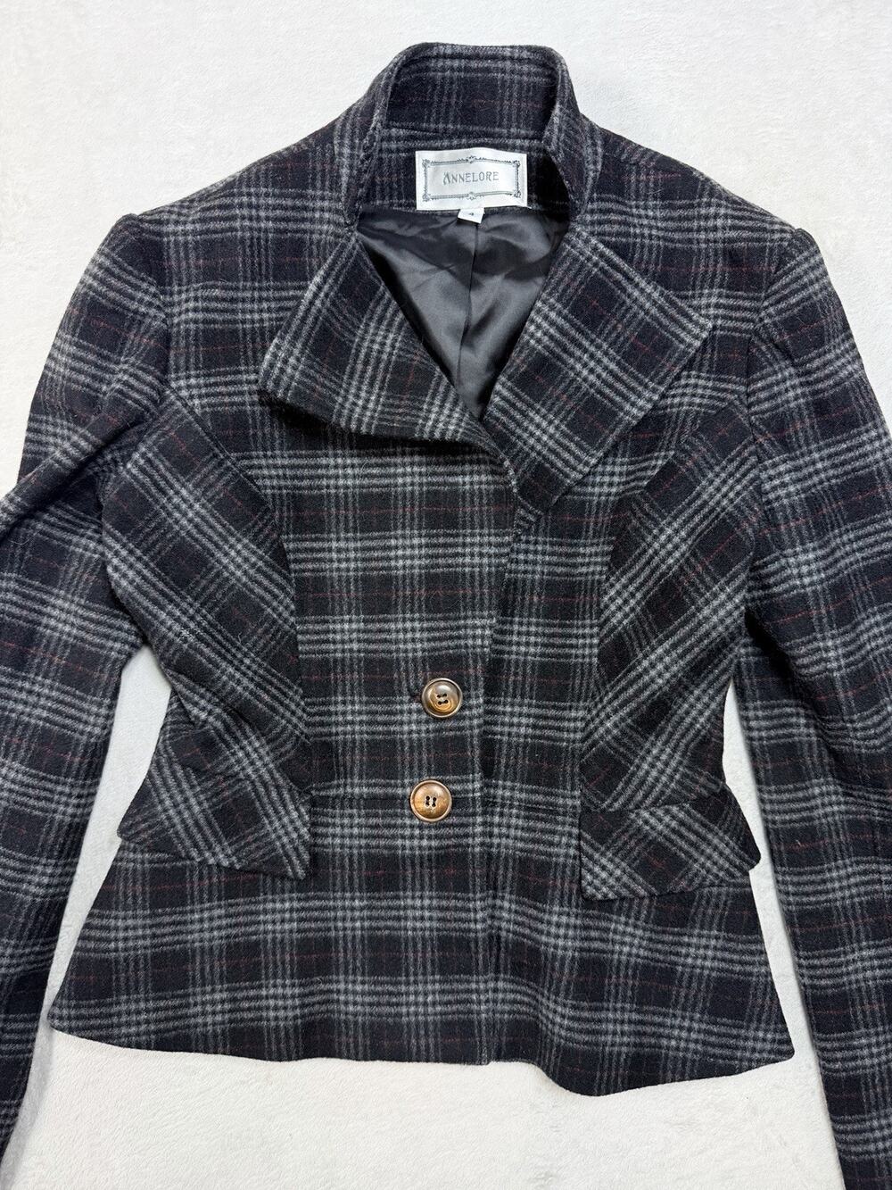 Annelore NYC Plaid Wool Blend Blazer Jacket Size 4 Dark Academia Made in USA